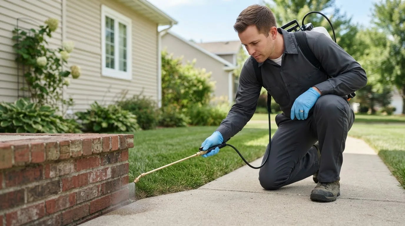 Pest control technician treating a home near Leawood, KS