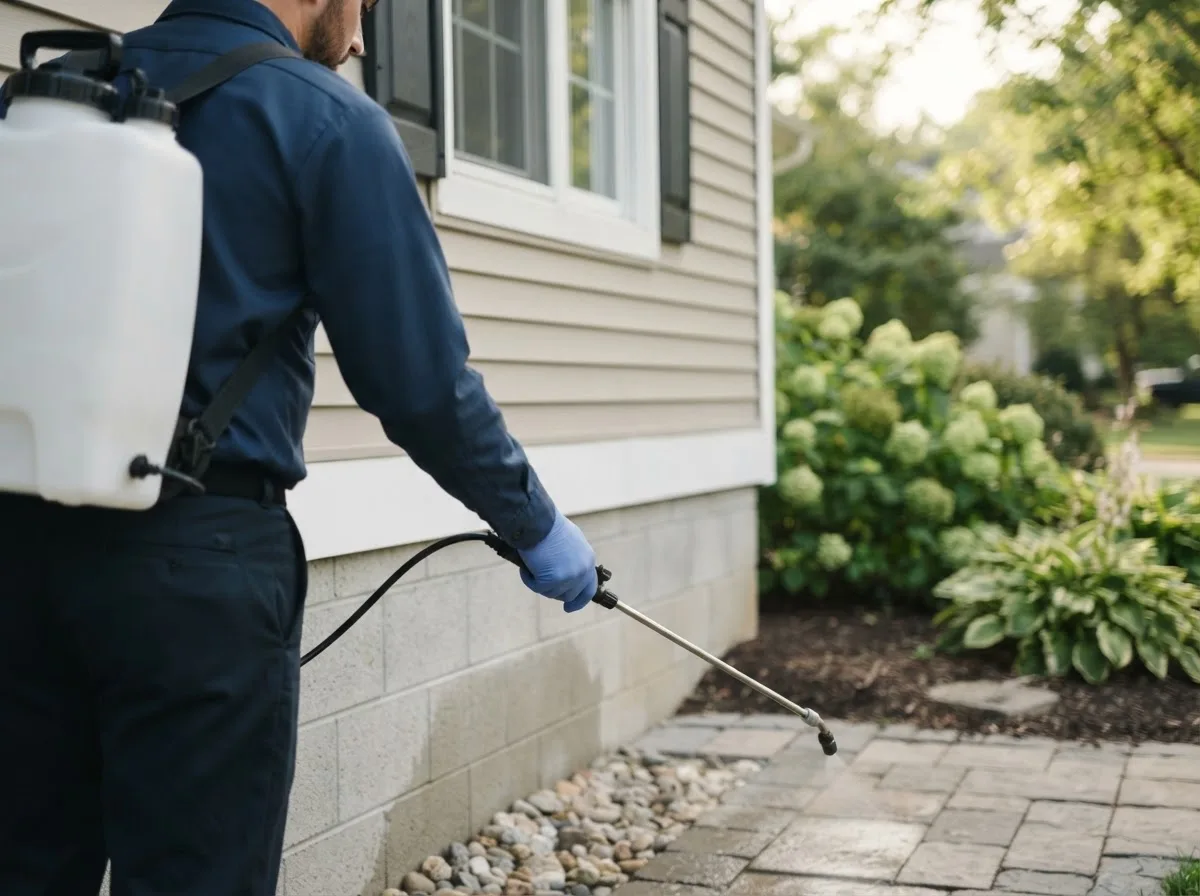 Pest control technician inspecting a home in Leawood, KS